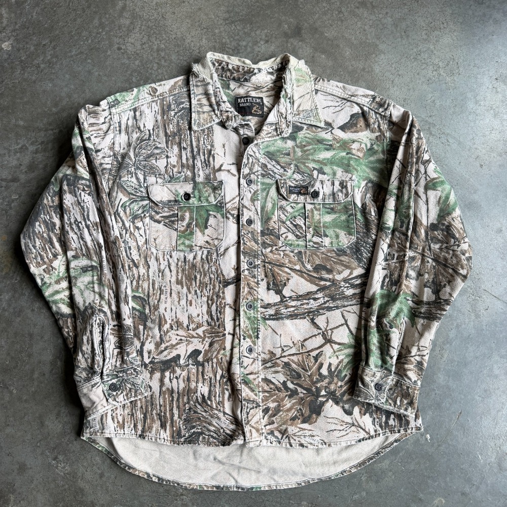 Vintage Rattlers Brand Faded Camo Chamois Shirt Treestand RARE Mens L 22.5x25.5